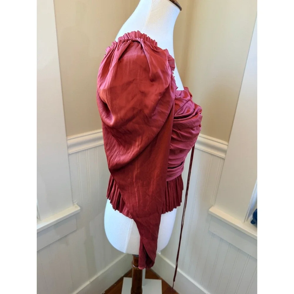 Ulla Johnson Mirelle Blouse Red Ruched Pleated Peplum Long Sleeve Top Size 6